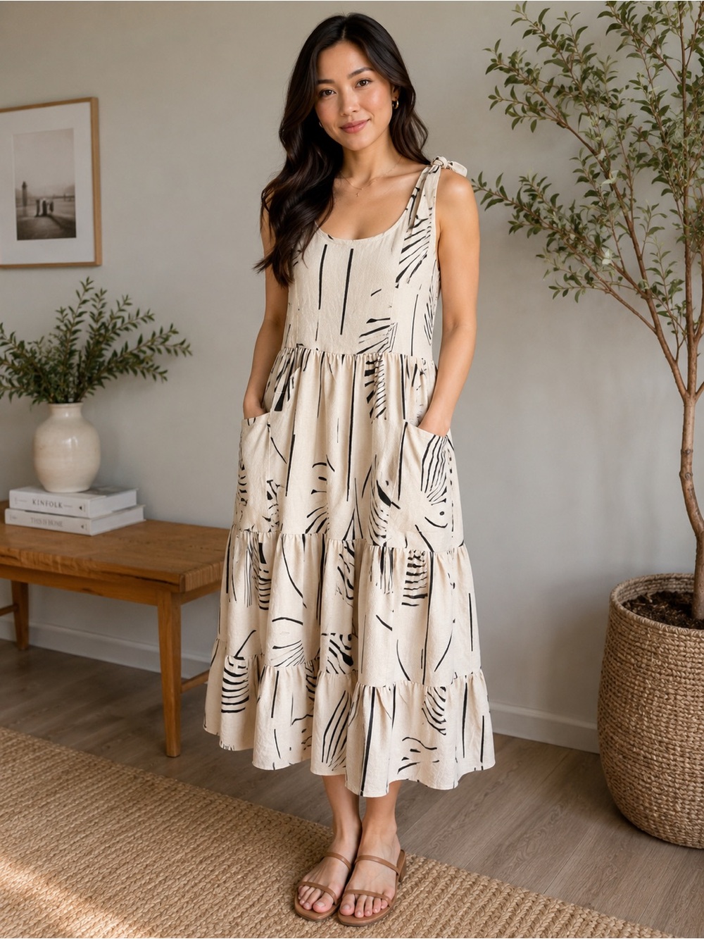 Boho Tiered Sundress with Tie Straps & Pockets – Size Medium